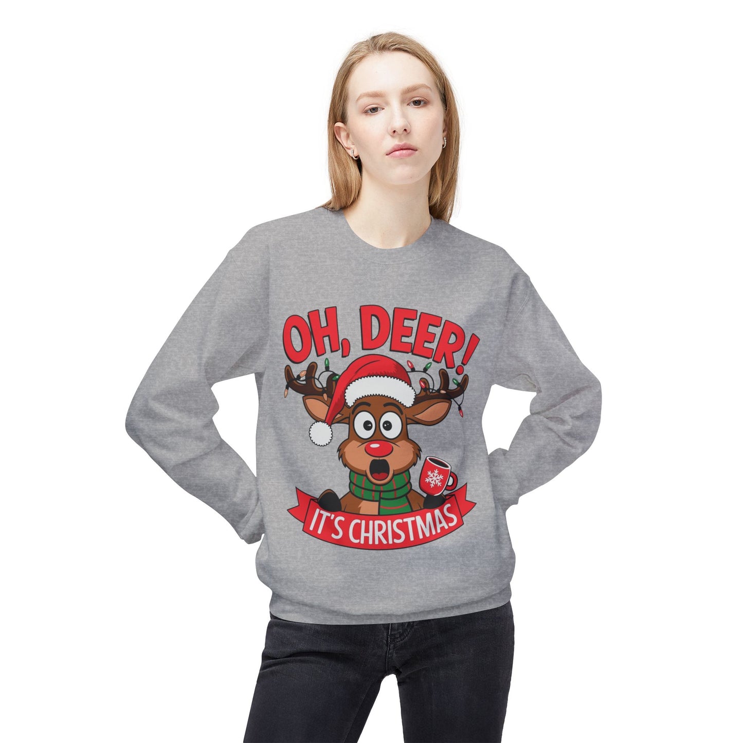 Oh Deer Its Christmas Unisex Midweight Softstyle Fleece Crewneck Sweatshirt