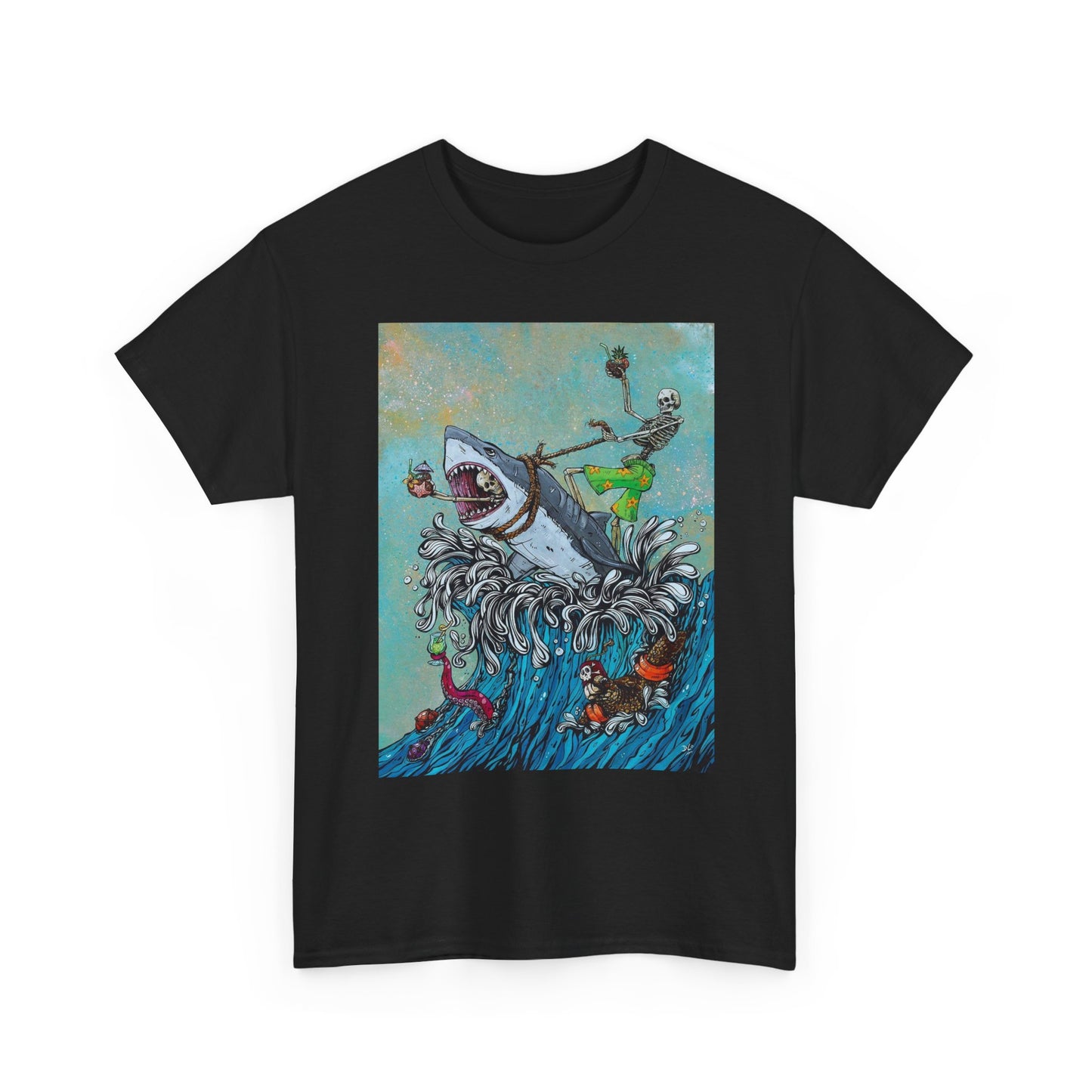 Shark Surfing Graphic T Shirt Funny Unisex Heavy Cotton Tee