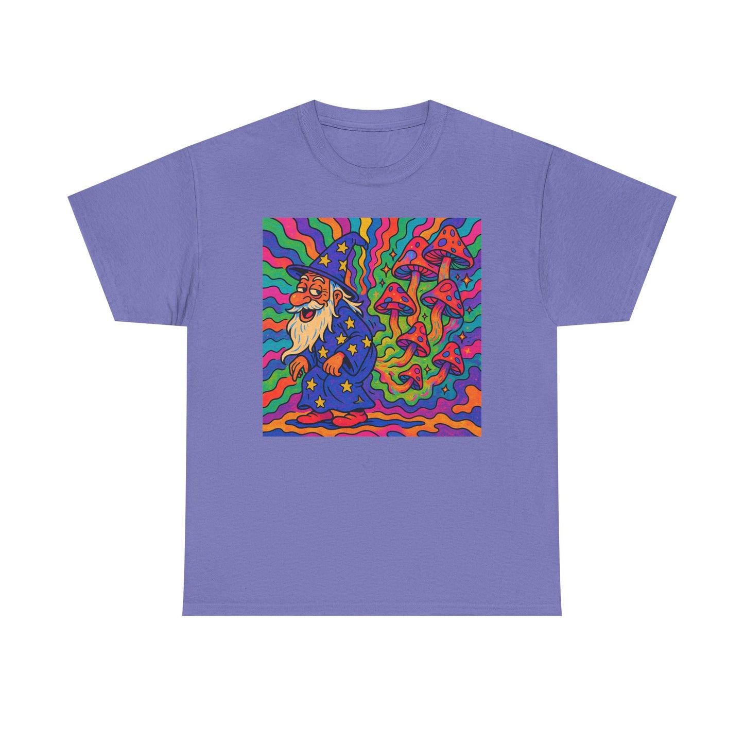 Wizard With Trippy Mushrooms Funny Graphic T Shirt Unisex Heavy Cotton Tee