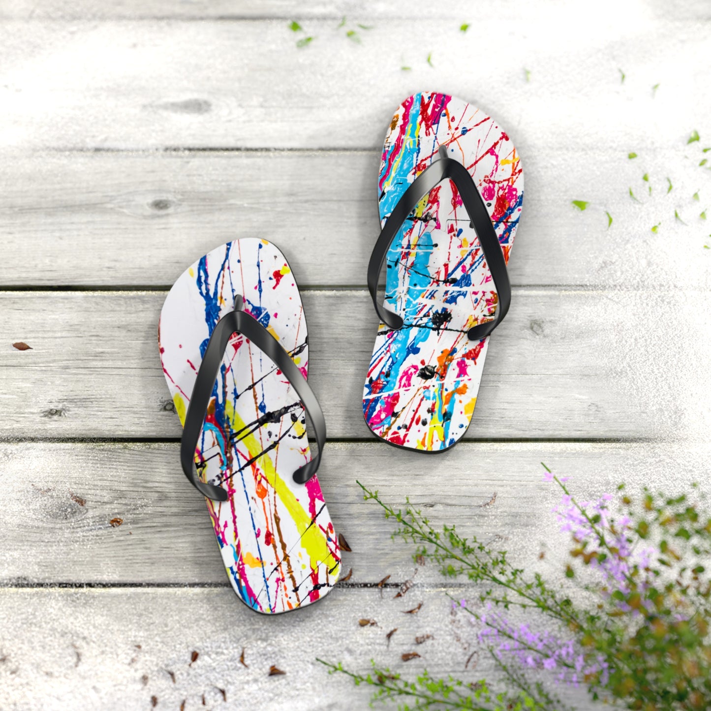 Waves And Sun Sandals Paint Splatter Summer Flip Flops Slides BRAND NEW