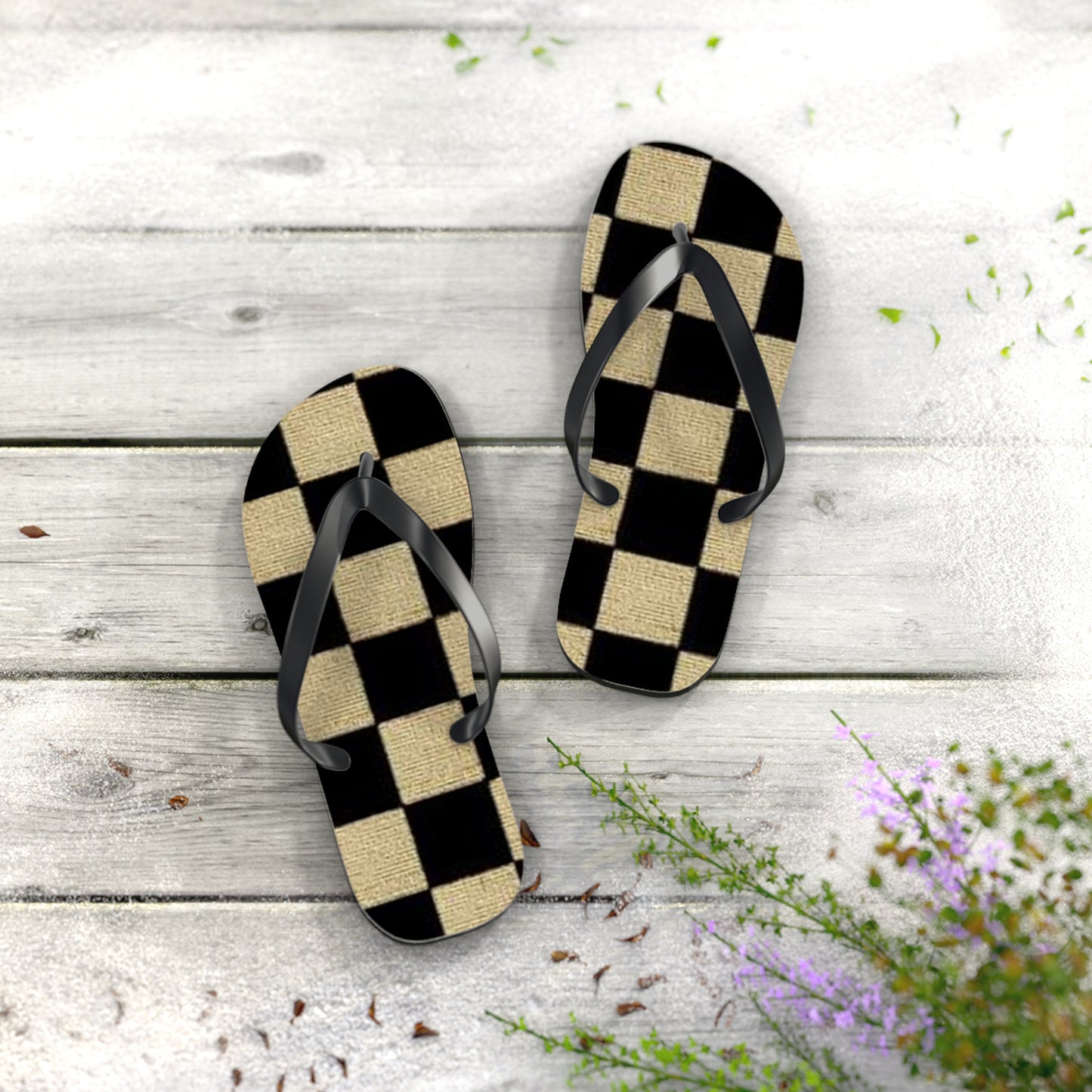 Black And Tan Checkered Beach Sandals, Slides for Summer, Flip Flops