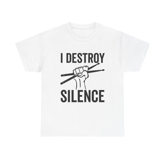 I Destroy Silence Graphic T Shirt Retro Drummer Gift Unisex Heavy Cotton Tee