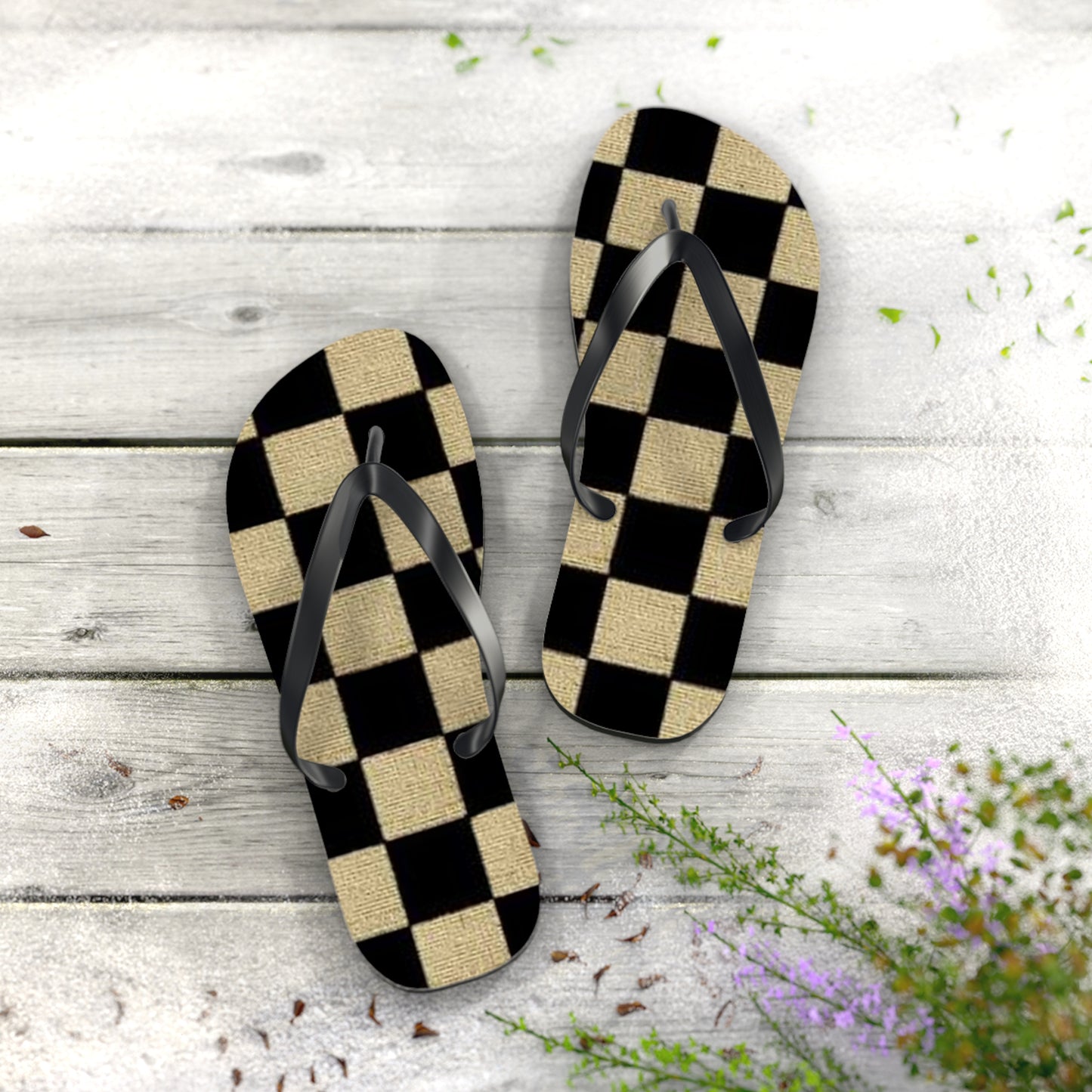 Black And Tan Checkered Beach Sandals, Slides for Summer, Flip Flops