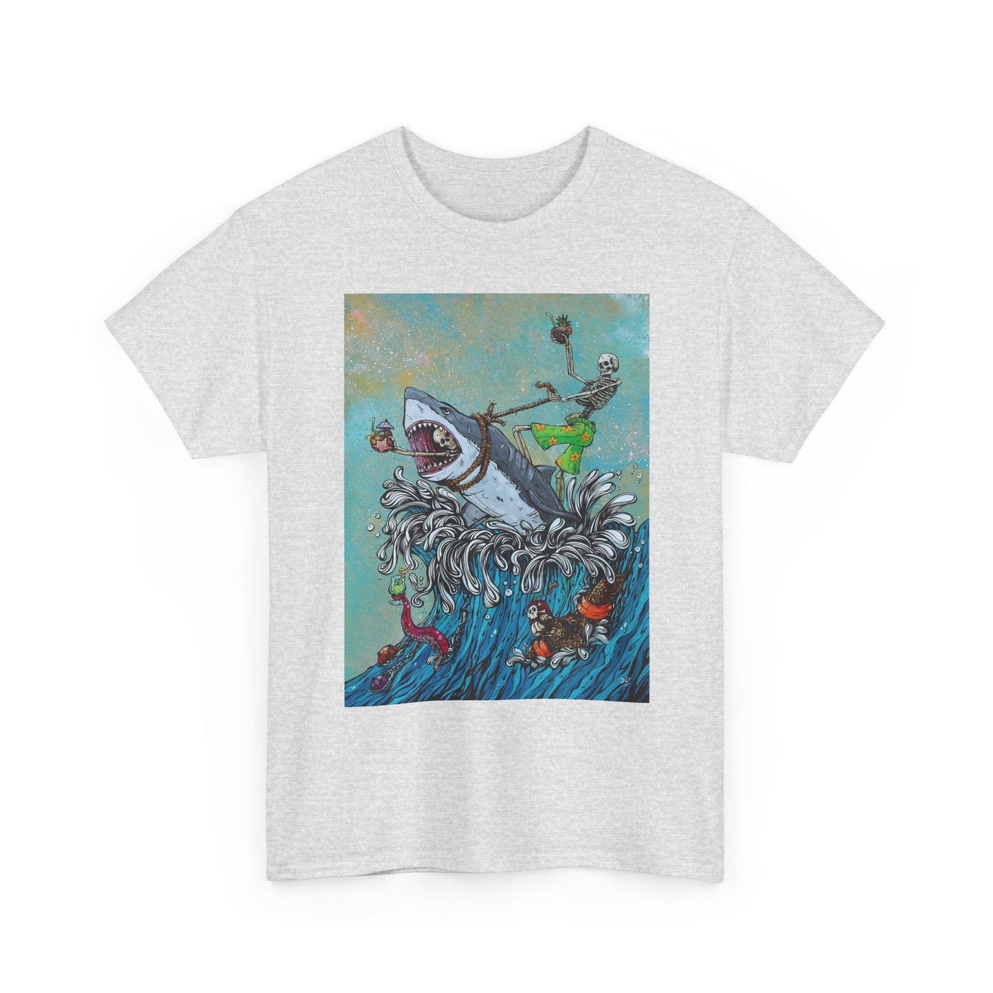 Shark Surfing Graphic T Shirt Funny Unisex Heavy Cotton Tee