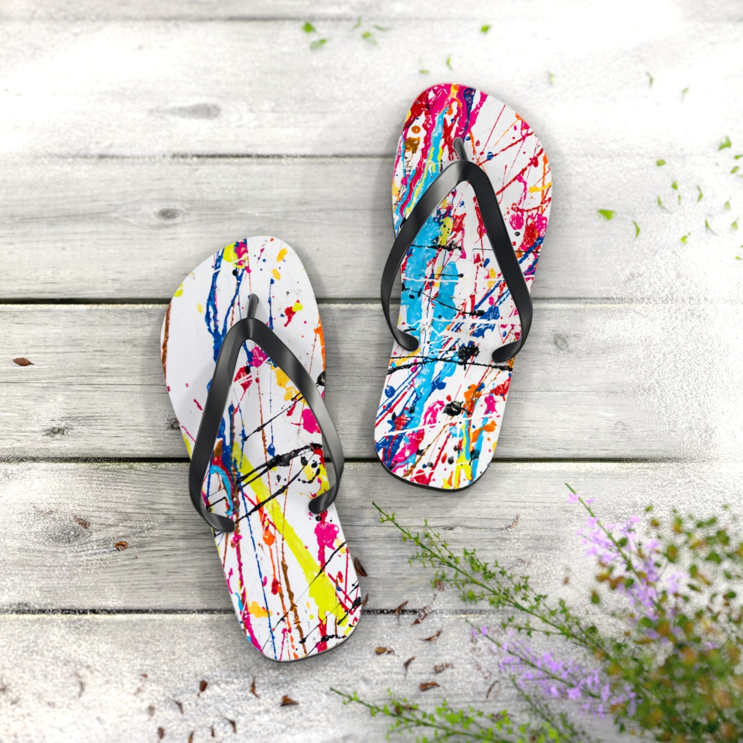Waves And Sun Sandals Paint Splatter Summer Flip Flops Slides BRAND NEW