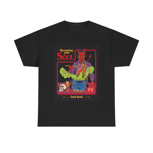 Demon Cookbook Funny Satan Graphic T Shirt Cartoon Unisex Heavy Cotton Tee