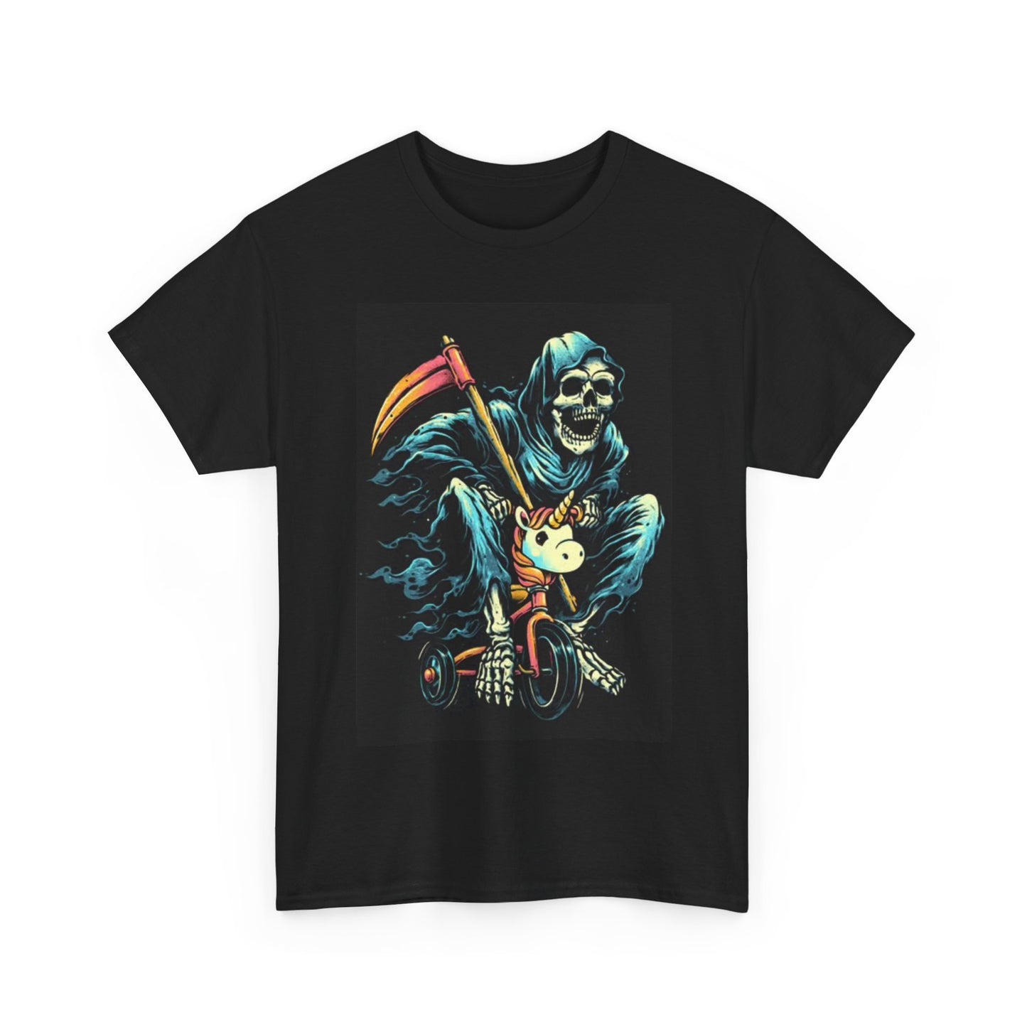 Grim Reaper Unicorn On Bike Shirt Funny Graphic Unisex Heavy Cotton Tee