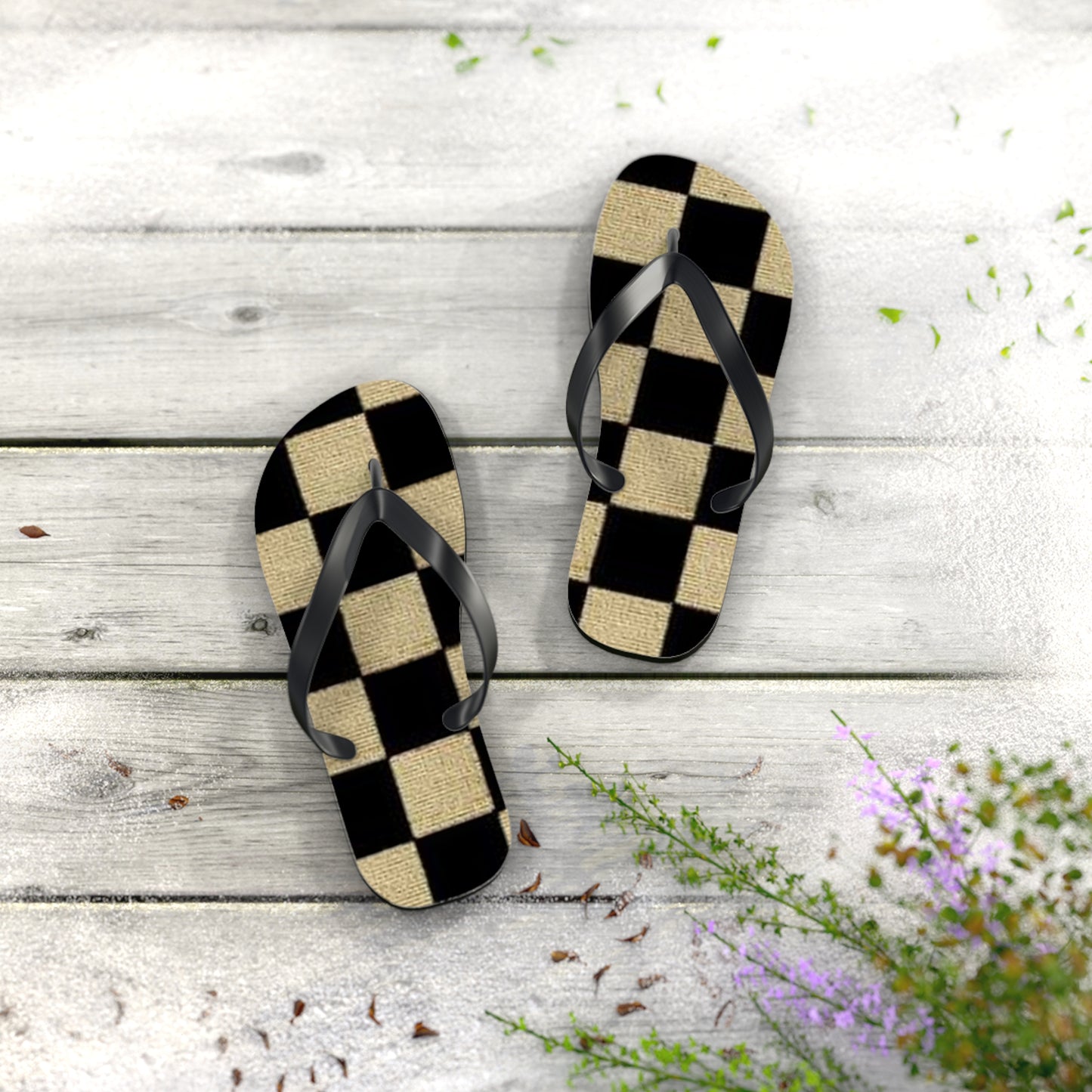 Black And Tan Checkered Beach Sandals, Slides for Summer, Flip Flops