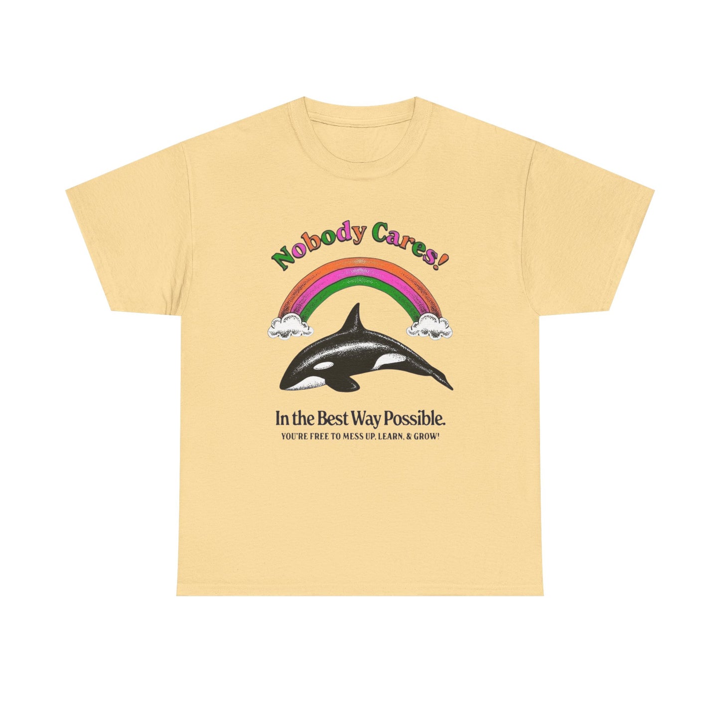 Nobody Cares Whale Rainbow Graphic T-Shirt Unisex Heavy Cotton Tee Gift