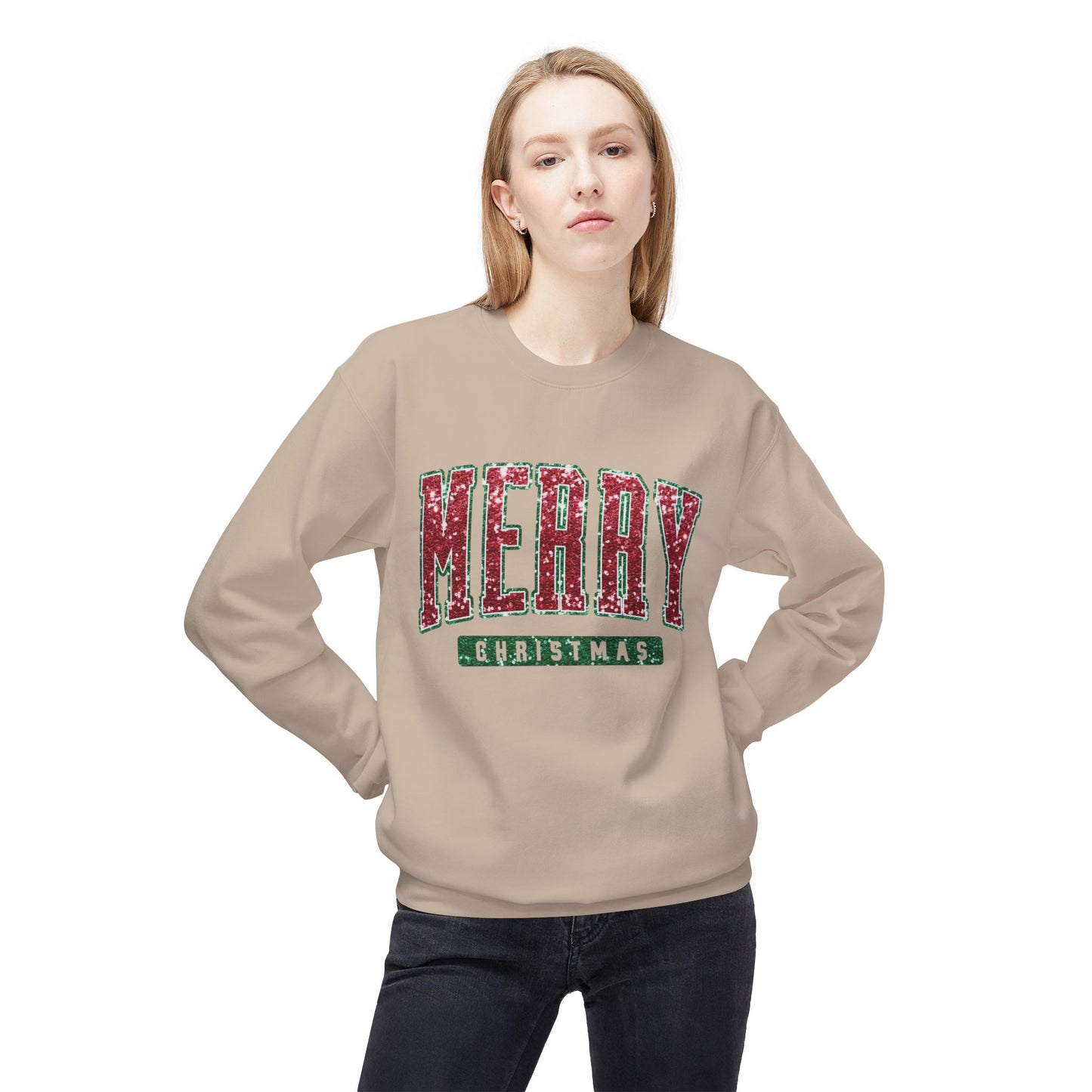 Merry Christmas Glitter Graphic Sweater NEW Unisex Fleece Crewneck Sweatshirt