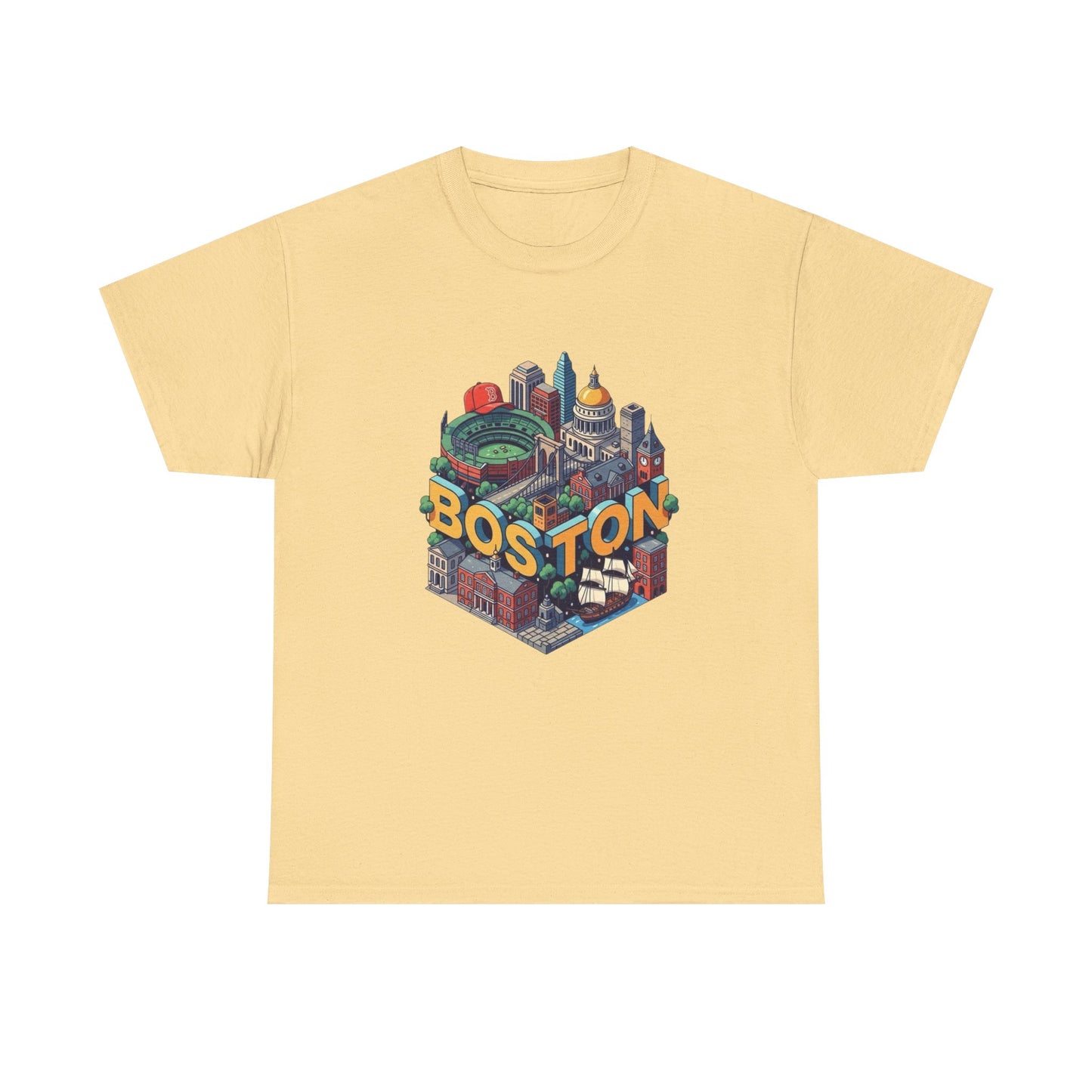 Boston Mass landmarks Retro Graphic T Shirt NEW GIFT Unisex Heavy Cotton Tee