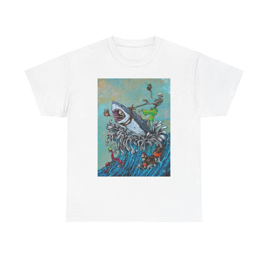 Shark Surfing Graphic T Shirt Funny Unisex Heavy Cotton Tee