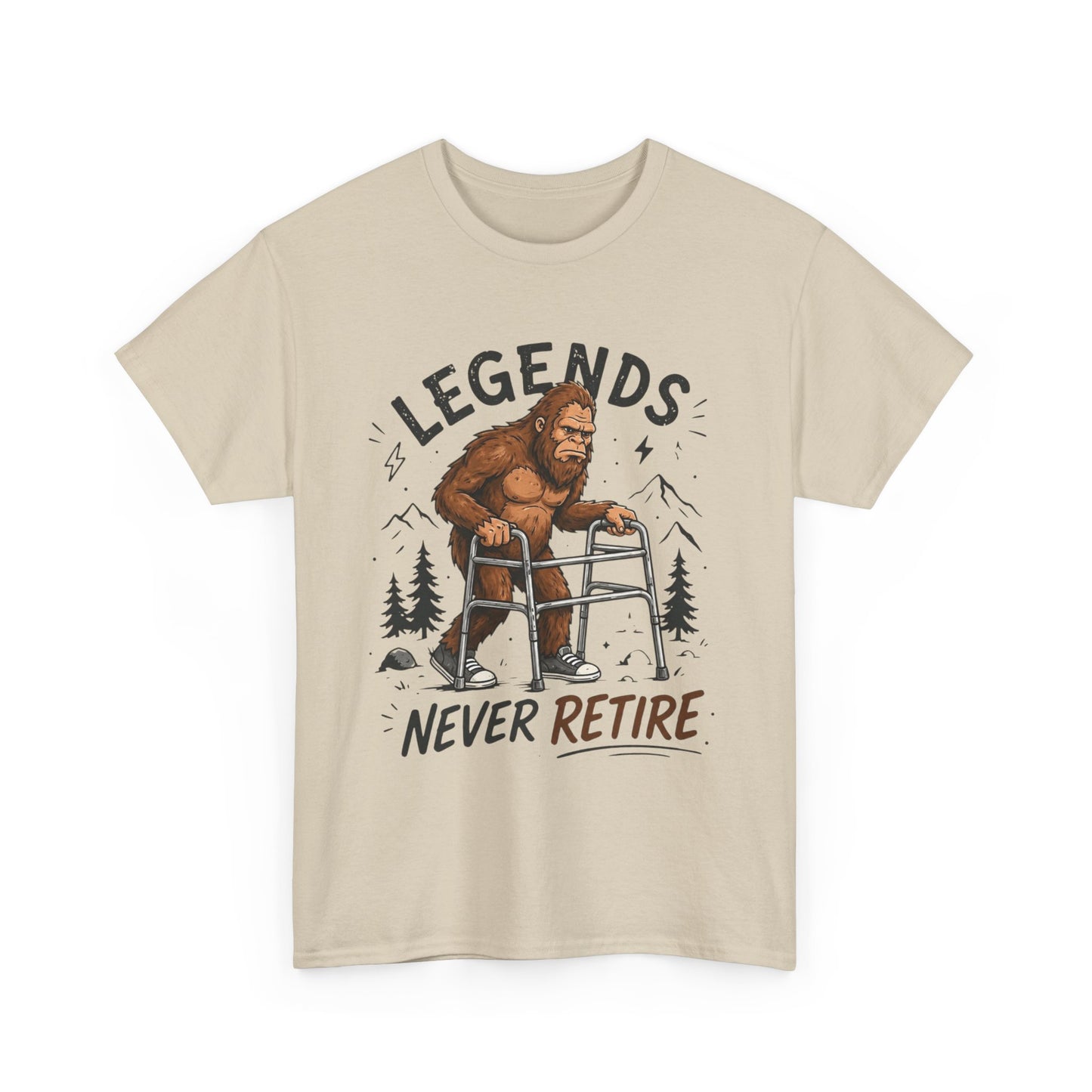 Bigfoot Legends Never Retire Graphic T Shirt Funny Men's Heavy Cotton Tee