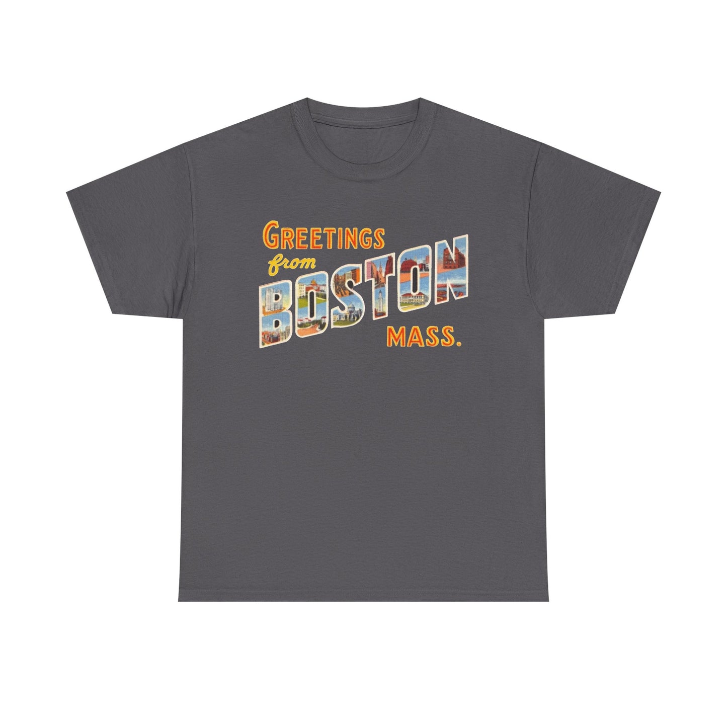 Boston T-shirt vintage postcard skyline retro Dunkin’s Unisex Heavy Cotton Tee