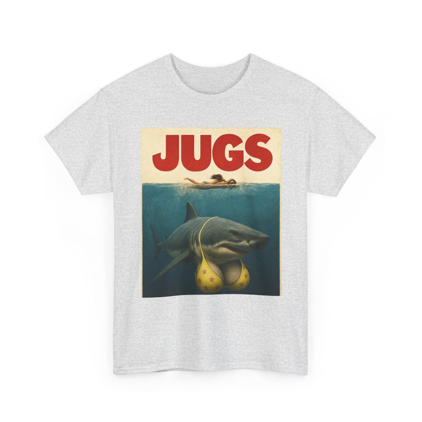 Jaws Parody Jugs Funny Shark Boobs Graphic T-Shirt Unisex Heavy Cotton Tee NEW