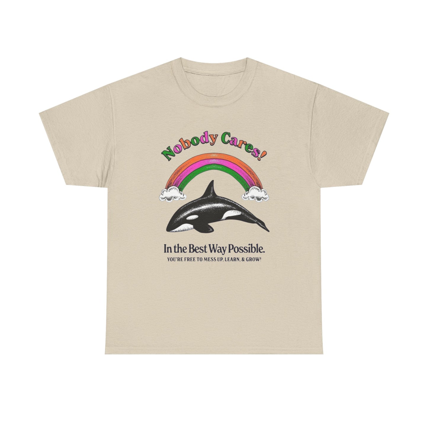 Nobody Cares Whale Rainbow Graphic T-Shirt Unisex Heavy Cotton Tee Gift