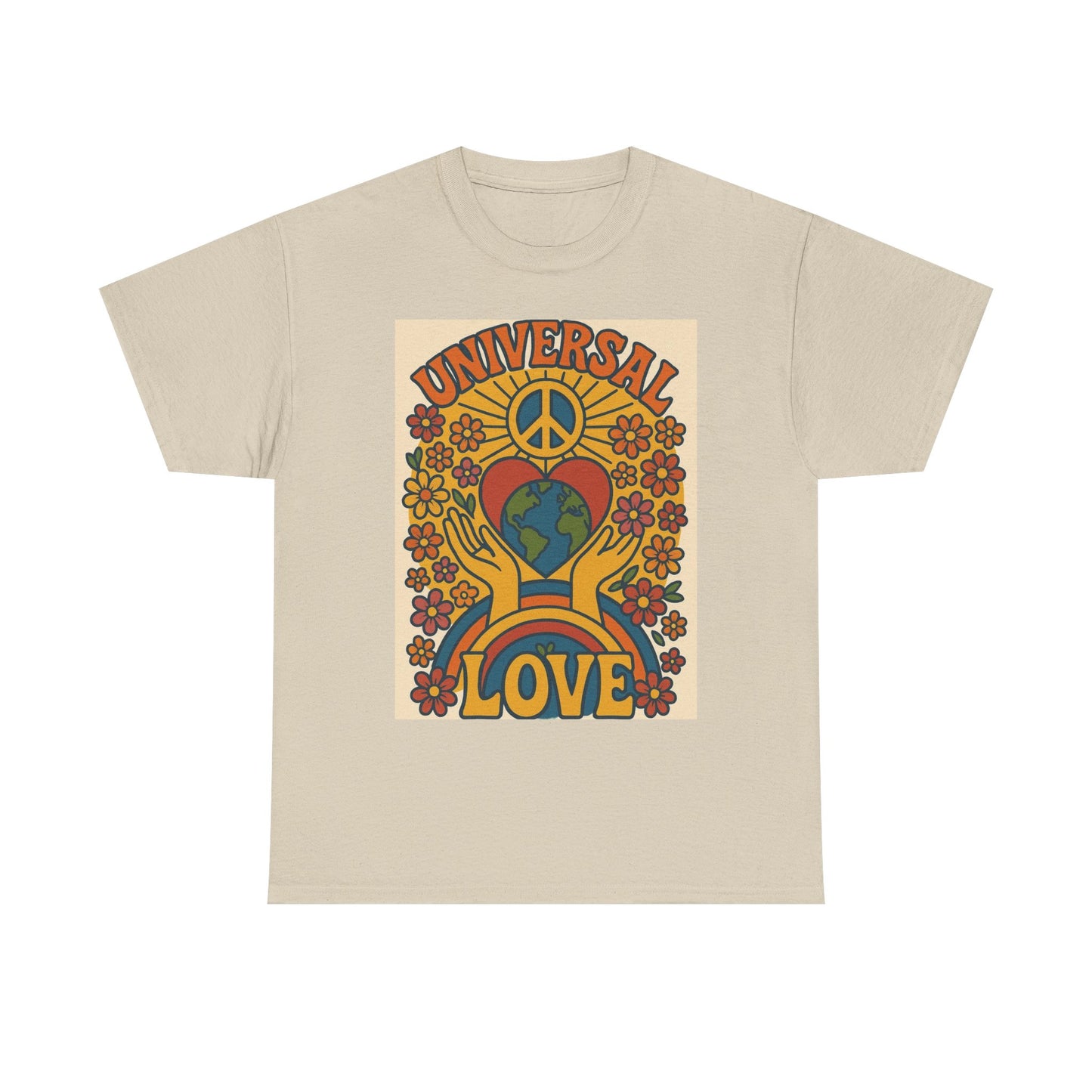 Universal Love Graphic T Shirt Happy Hippy Retro Unisex Heavy Cotton Tee