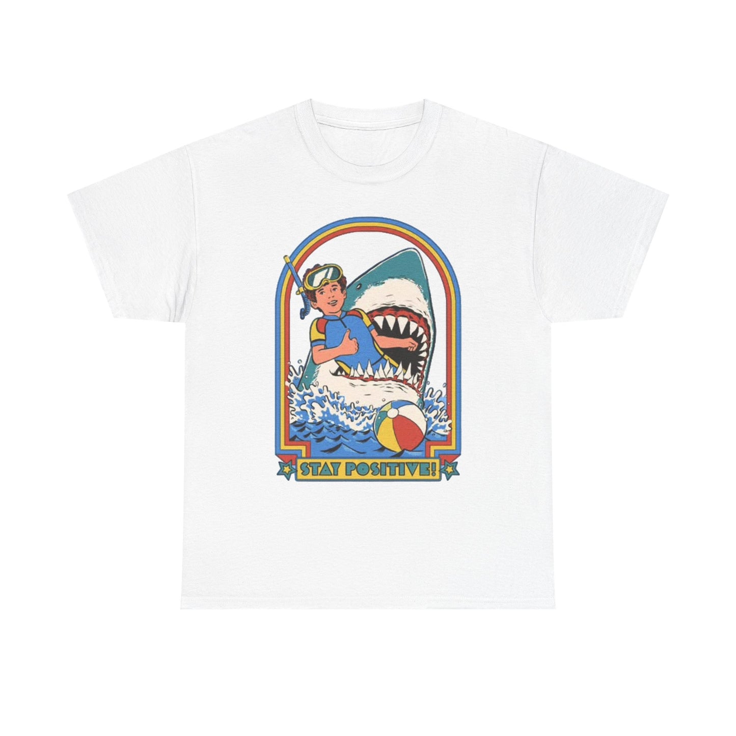 Stay Positive Funny Shark Attack Graphic T Shirt NEW Unisex Heavy Cotton Tee