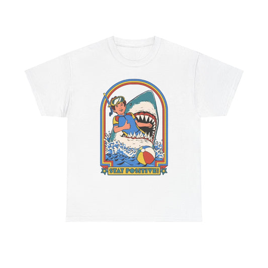 Stay Positive Funny Shark Attack Graphic T Shirt NEW Unisex Heavy Cotton Tee