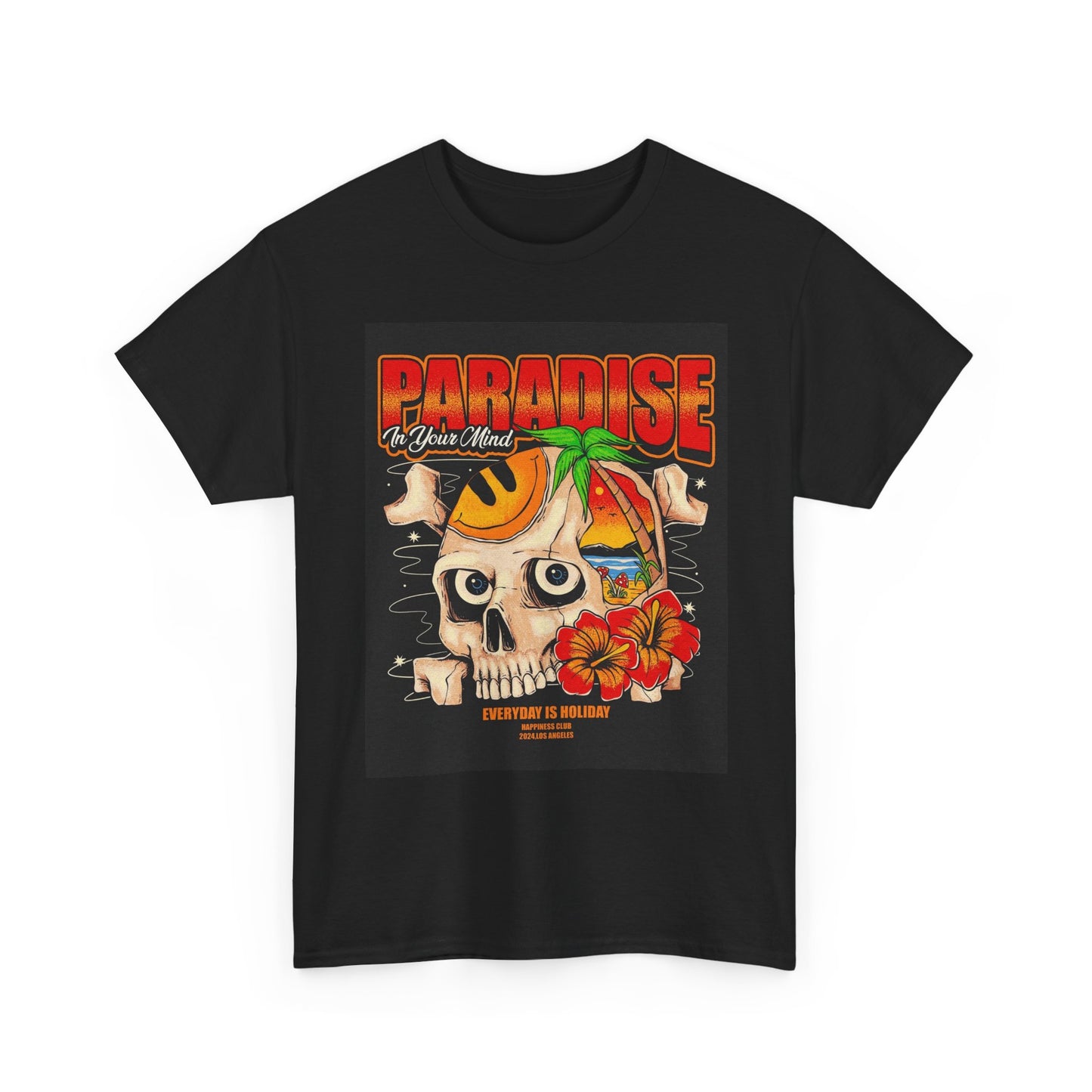 Paradise Graphic T Shirt Skull And Flowers Unisex Heavy Cotton Tee