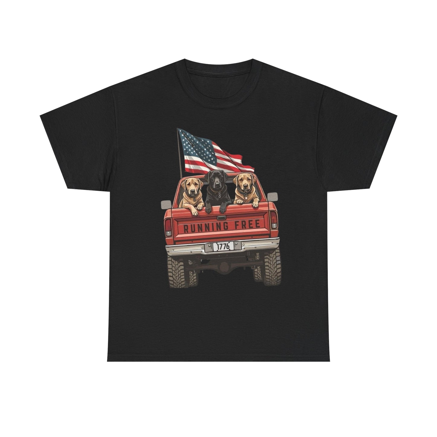 Running Free 1776 USA Dogs In Pickup Graphic T Shirt NEW Unisex Heavy Cotton Tee