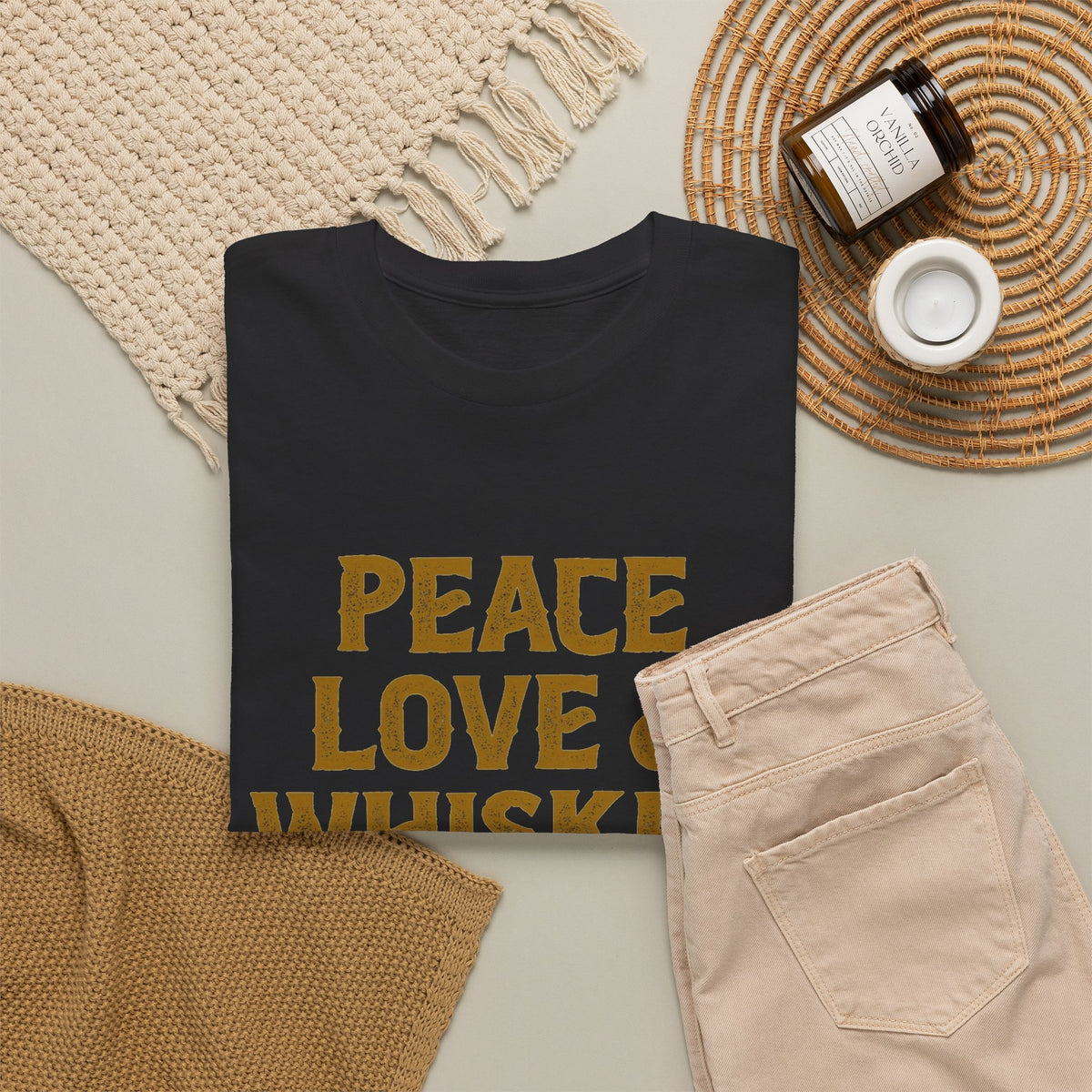 Peace Love And Whiskey Graphic T Shirt Men's Classic Heavy Cotton Tee