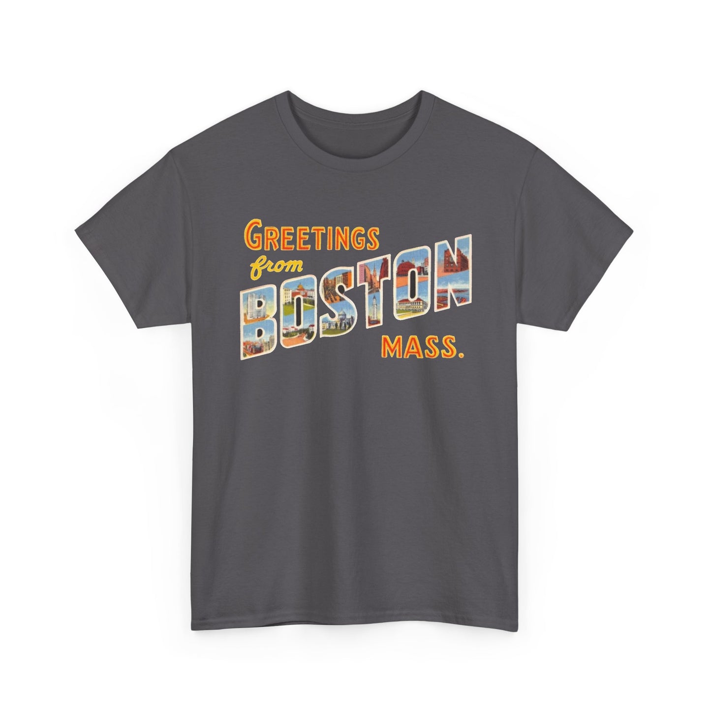 Boston T-shirt vintage postcard skyline retro Dunkin’s Unisex Heavy Cotton Tee
