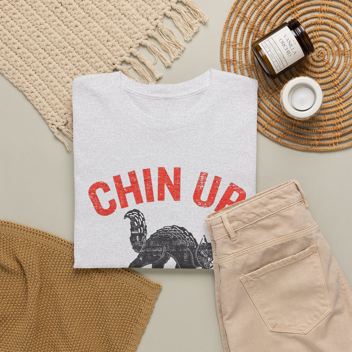 Chin Up Fangs Out Graphic T Shirt Men's Retro Cat Heavy Cotton Tee