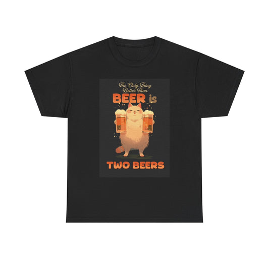 Two Beers Cat Graphic T Shirt Funny Jokes Gift Unisex Heavy Cotton Tee