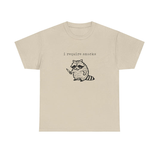 I require Snacks Funny Graphic T Shirt Unisex Heavy Cotton Tee