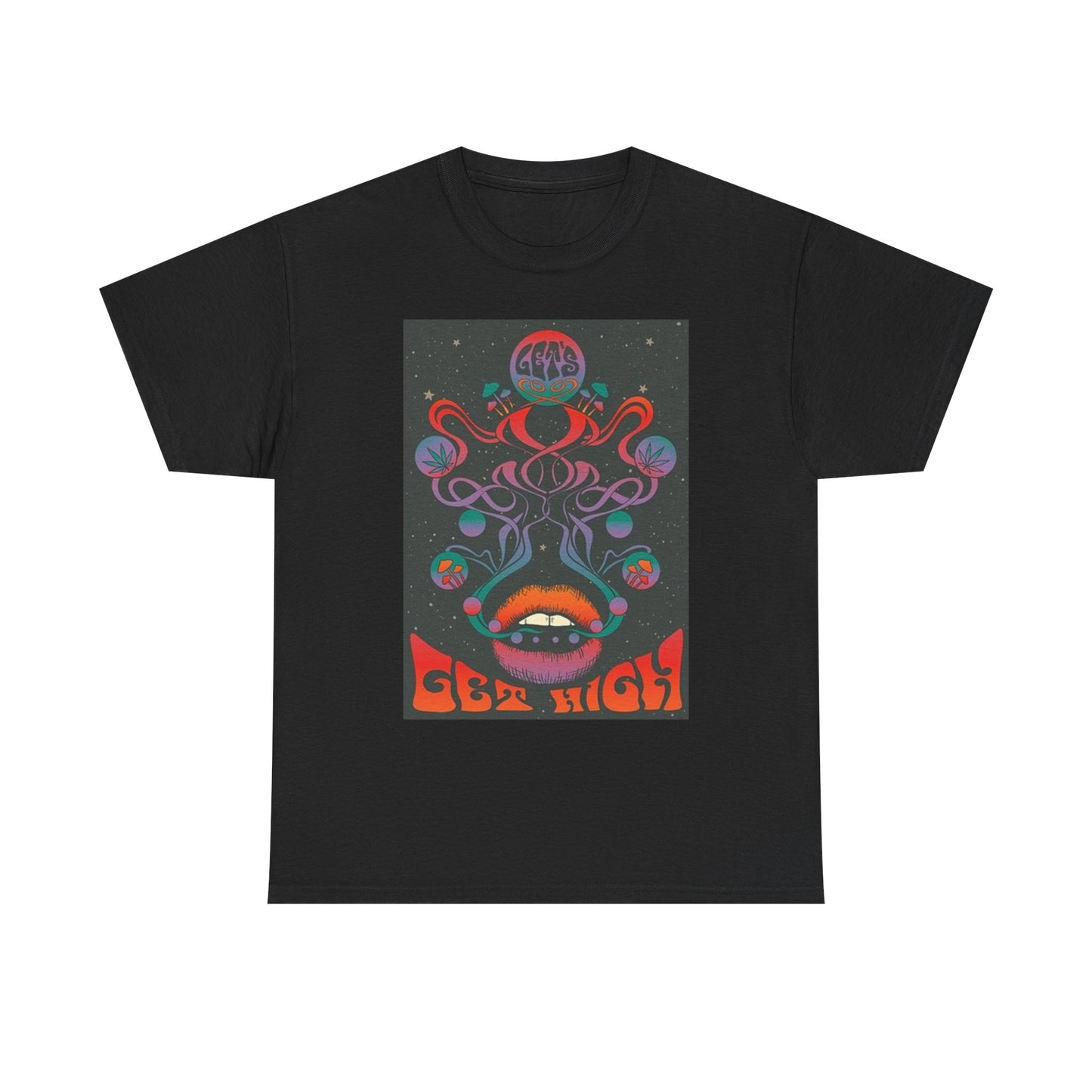 Lets Get HIgh Trippy Graphic T Shirt Retro Mushrooms Unisex Heavy Cotton Tee