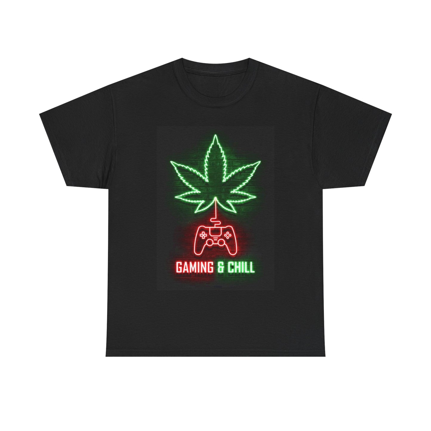 Gaming And Chill Tshirt Pot Leaf Neon Sign Gamer Unisex Heavy Cotton Tee