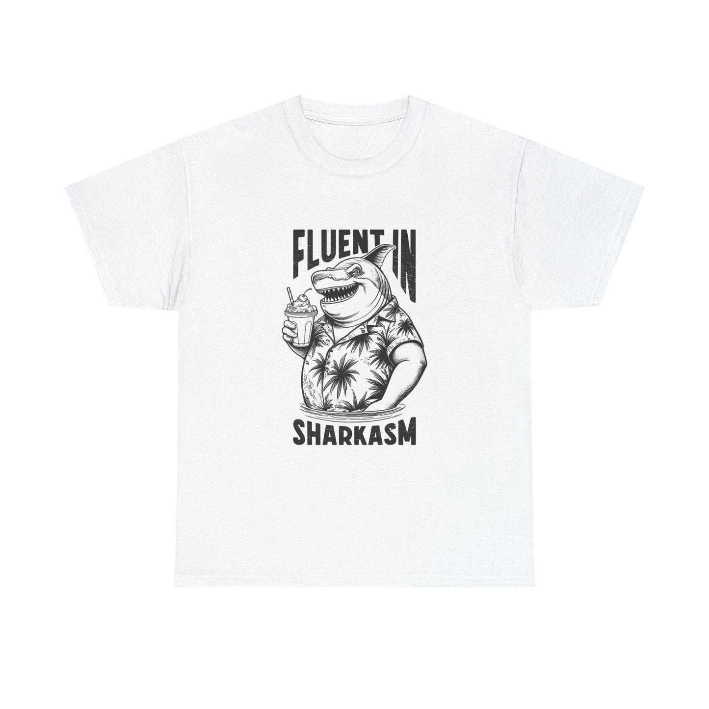 Fluent In Sharkasm Funny Graphic T Shirt Sharks Unisex Heavy Cotton Tee