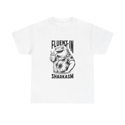Fluent In Sharkasm Funny Graphic T Shirt Sharks Unisex Heavy Cotton Tee