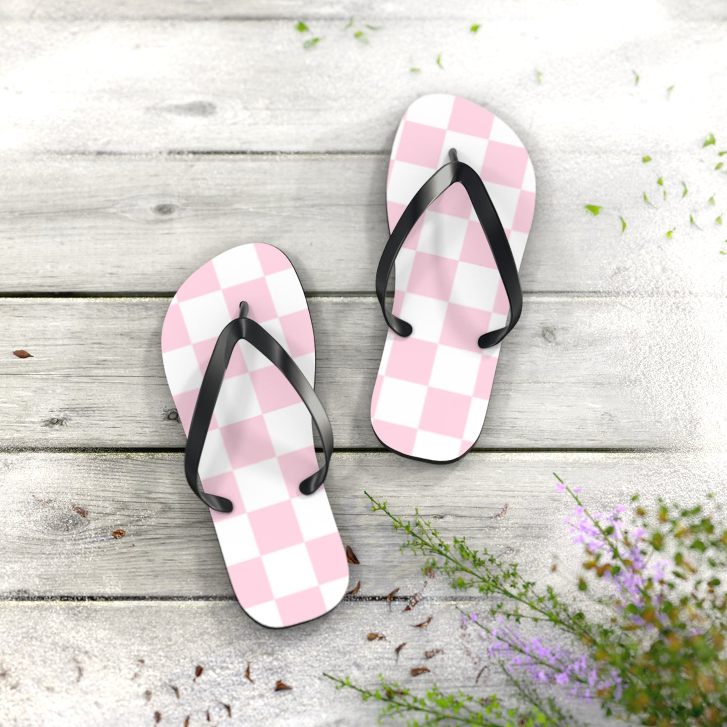 Pink Checkered Sandals, Beach Shoes, Vacation Flip Flops, Pool Slides
