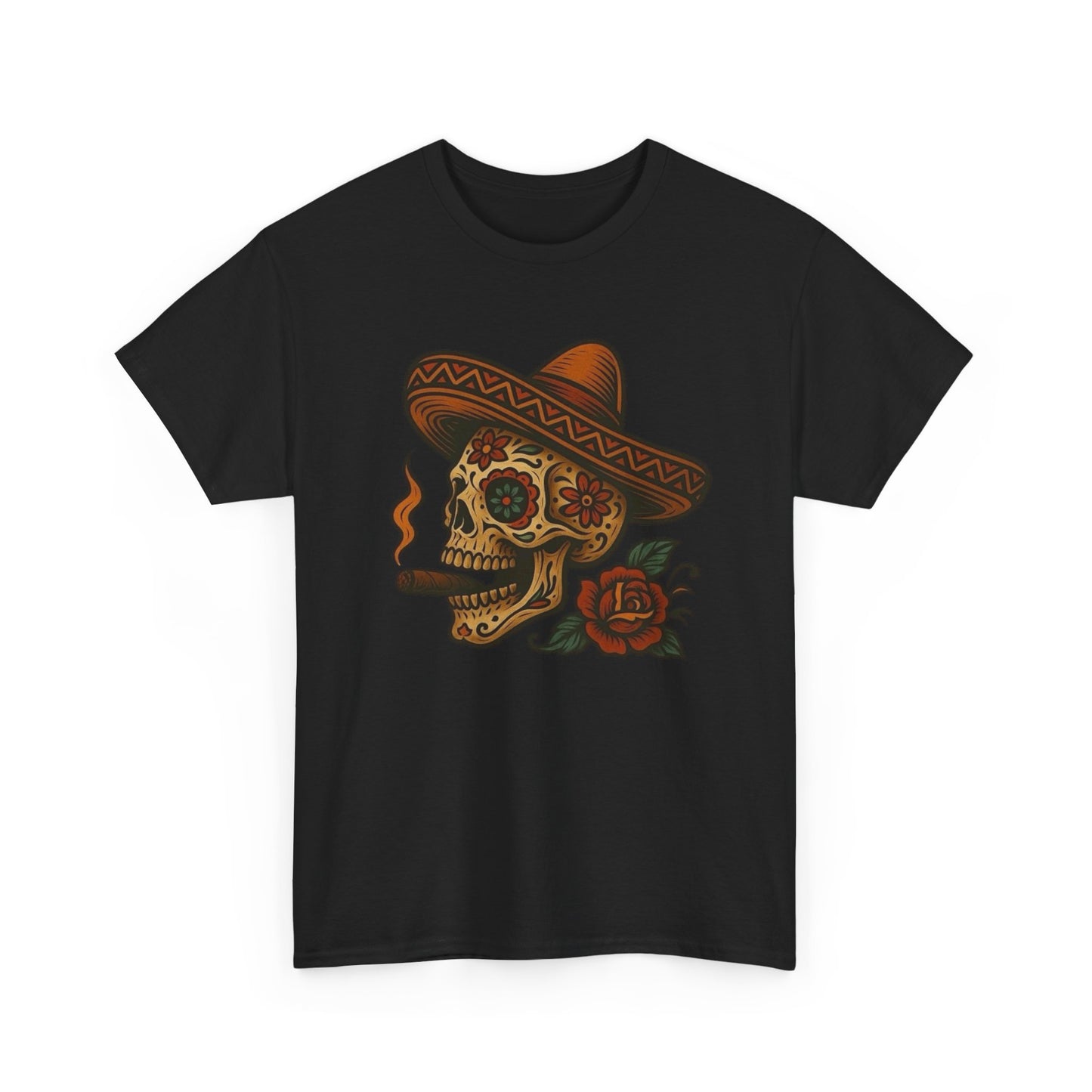 Day Of The Dead Skull Cigar Graphic T-Shirt Unisex Heavy Cotton Tee NEW