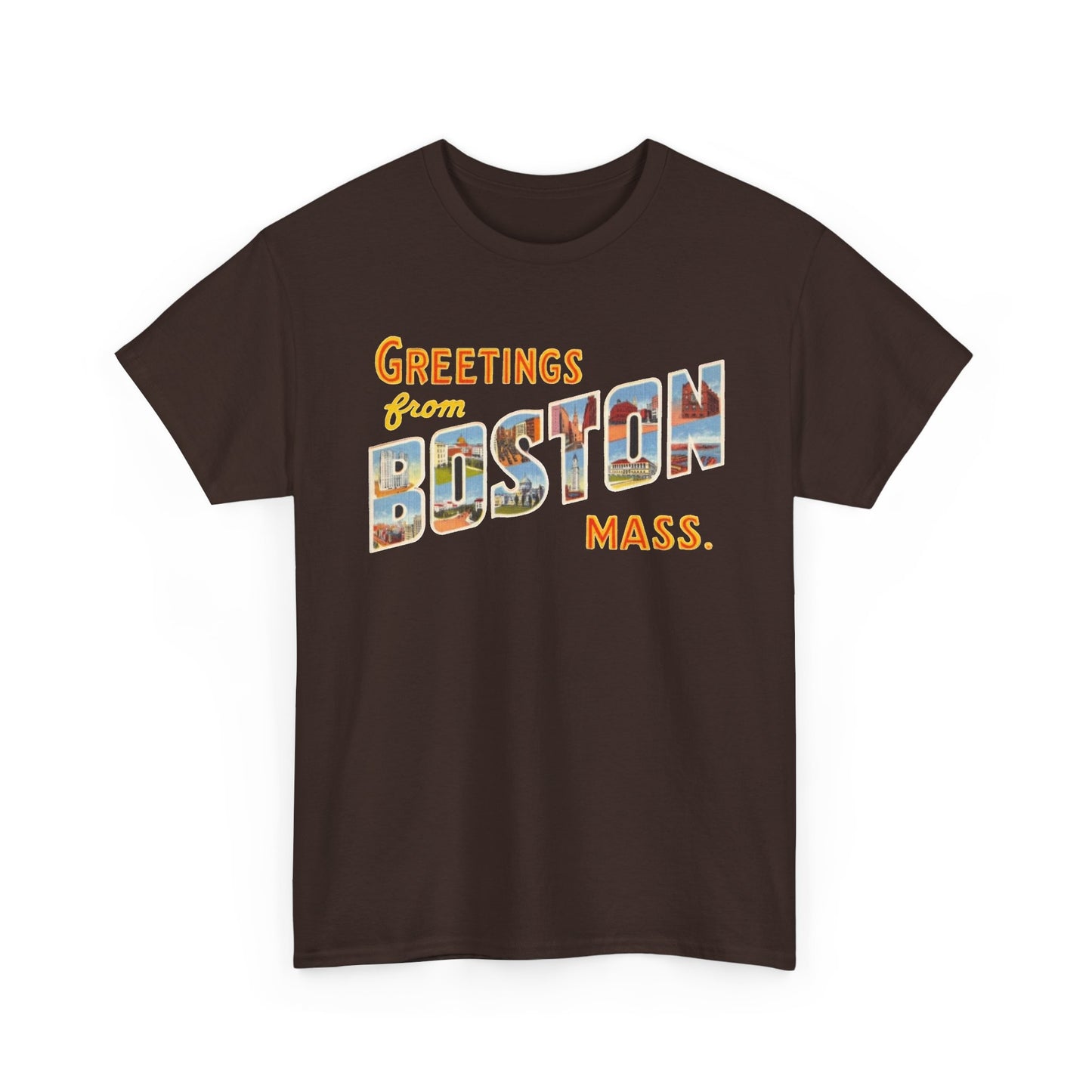 Boston T-shirt vintage postcard skyline retro Dunkin’s Unisex Heavy Cotton Tee