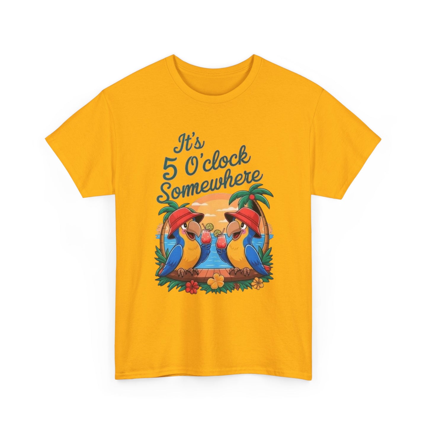 Its Five O'clock Somewhere Parrot Head Graphic T-Shirt Unisex Heavy Cotton Tee