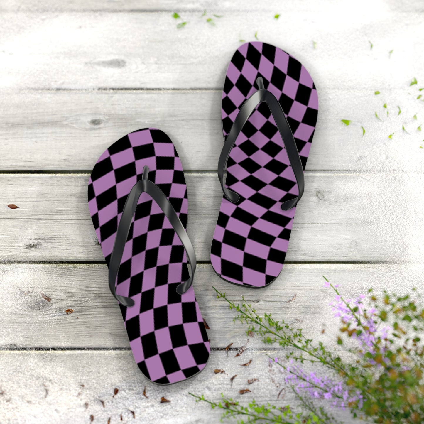 Purple Checkered Sandals, Beach Shoes, Vacation Flip Flops, Pool Slides
