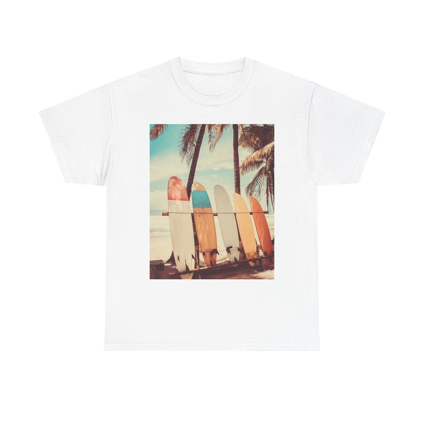 Surfboards On The Beach T Shirt Retro Graphic Unisex Heavy Cotton Tee