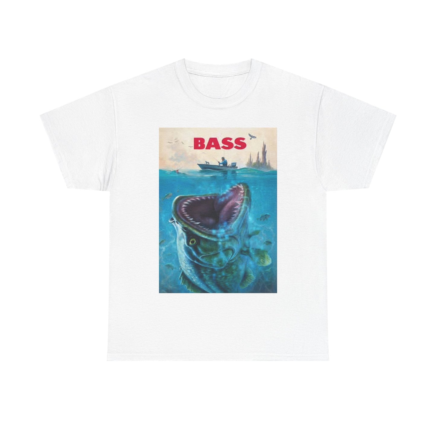 Bass Fishing Shirt Funny Jaws Movie Poster Outdoors Unisex Heavy Cotton Tee