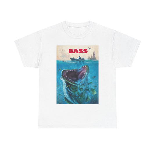 Bass Fishing Shirt Funny Jaws Movie Poster Outdoors Unisex Heavy Cotton Tee