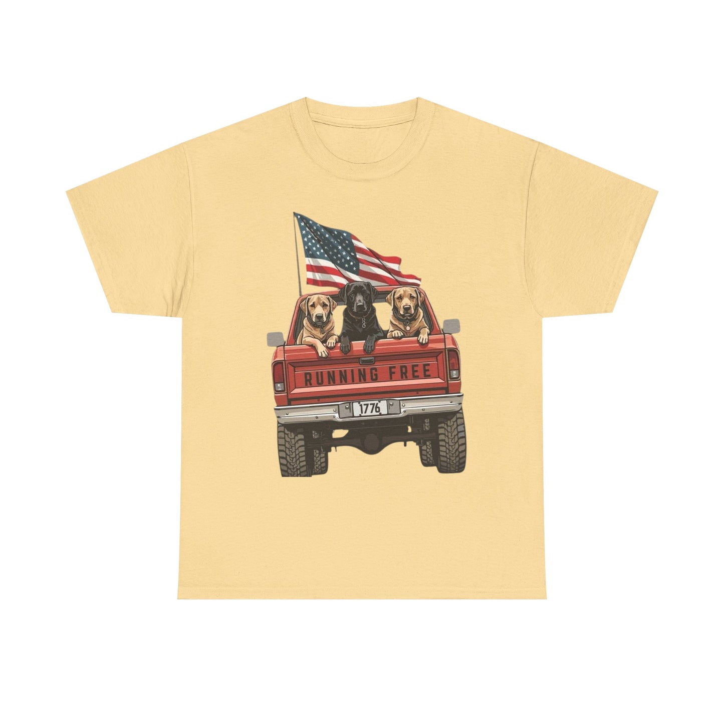 Running Free 1776 USA Dogs In Pickup Graphic T Shirt NEW Unisex Heavy Cotton Tee