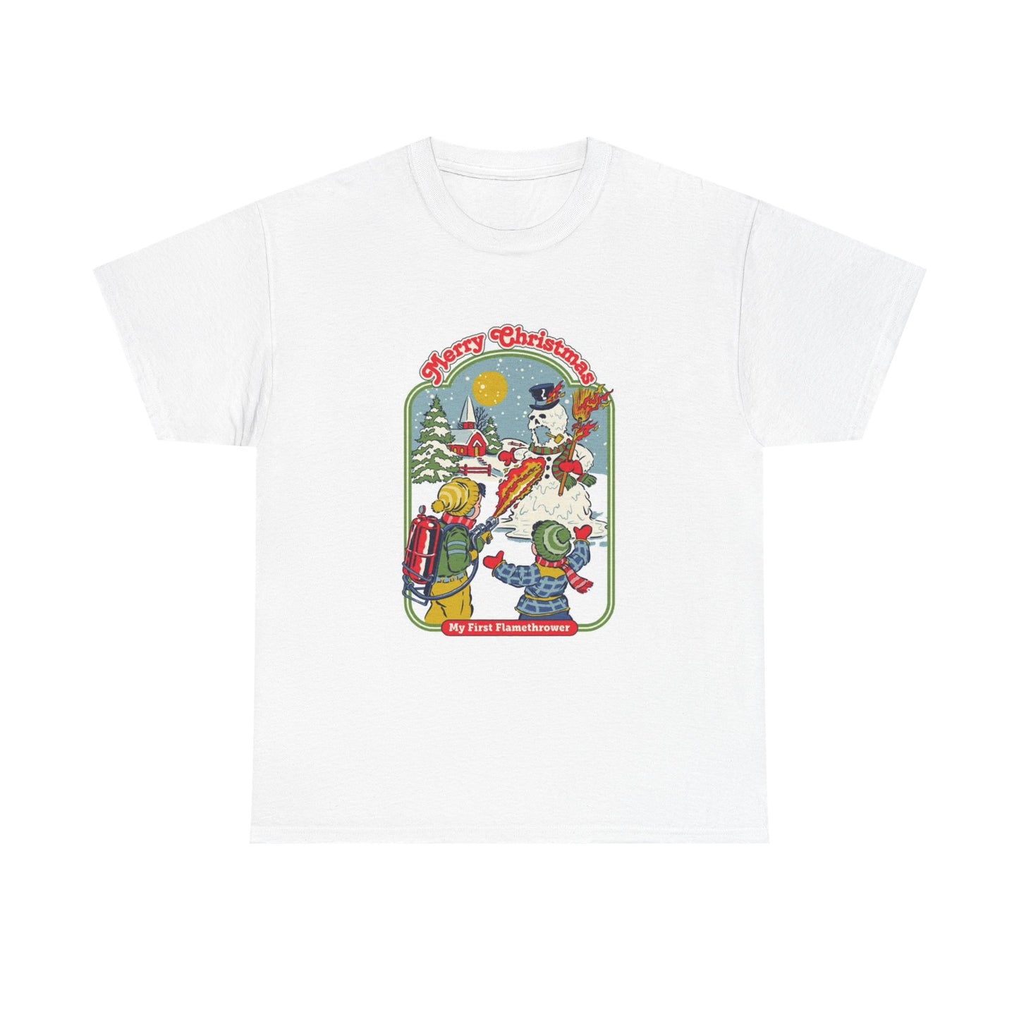 Merry Christmas Tshirt Funny Flamethrower Vintage Comedy Unisex Heavy Cotton Tee