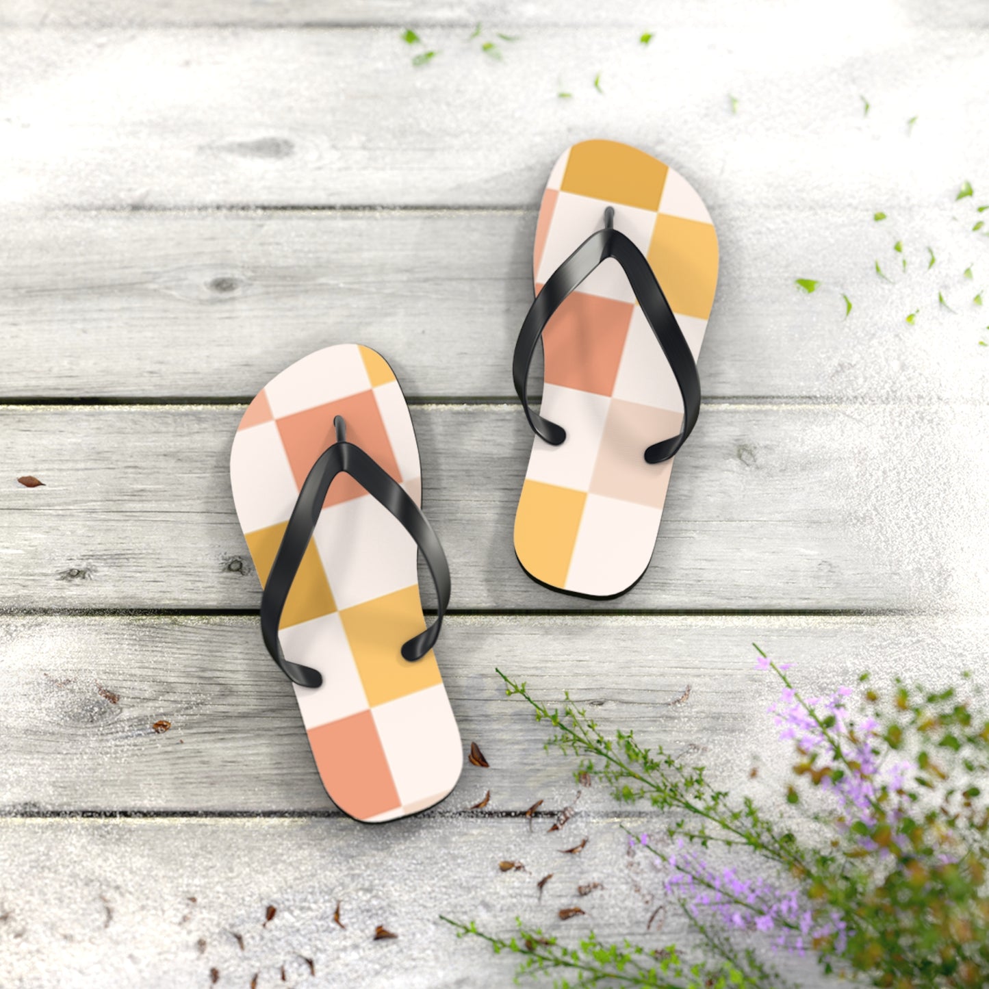 Peach Checkered Sandals, Beach Shoes, Vacation Flip Flops, Pool Slides