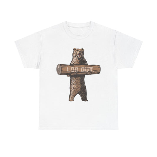 Log Out Bear Vacation Camping T Shirt Graphic Men's Heavy Cotton Tee