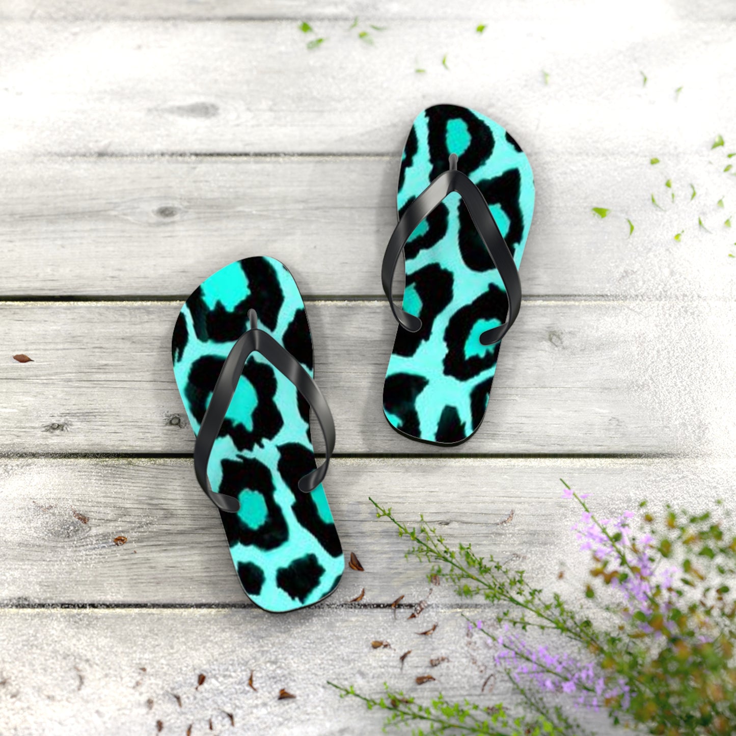 Turquoise Cheetah Beach Sandals, Slides for Summer, Flip Flops, Water Resistant