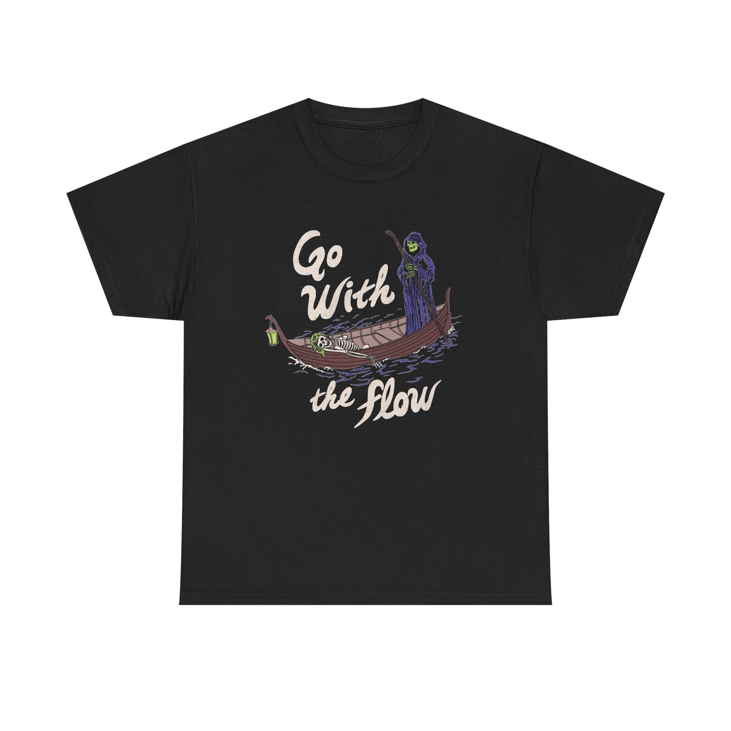 Go With The Flow Grim Reaper Graphic T Shirt NEW Unisex Heavy Cotton Tee