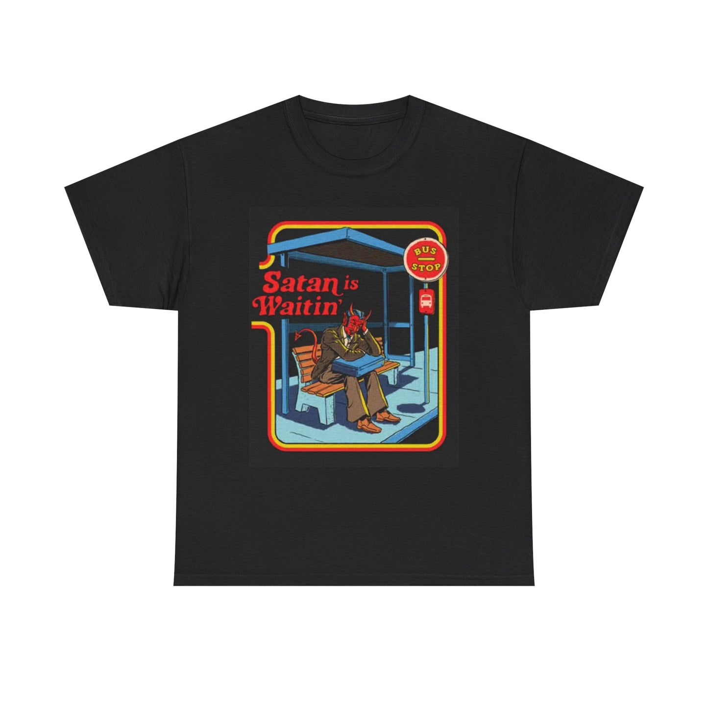 Satan Is Waiting Graphic T Shirt Funny ART Vintage 70s Unisex Heavy Cotton Tee