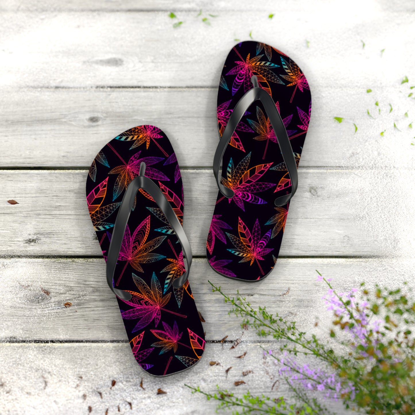 WAVES And SUN Co Sandals Weed Leaf - Flip Flops -Slides Summer Beach BRAND NEW